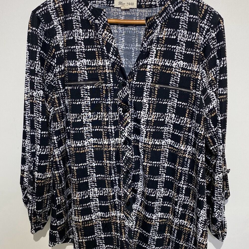 Blue Mood‎ Women's Multicolor Plaid Split Neckline Button Up Shirt Size XL